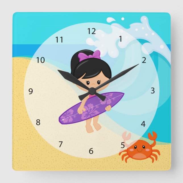 Surfer girl square wall clock (Front)