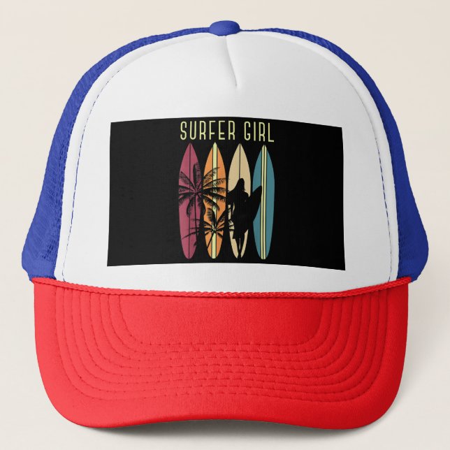 Surfer Girl Surfboard Surfing Women Girls Surf Oce Trucker Hat (Front)