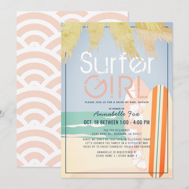 Surfer Girl Surfboards Beach Drive-by Baby Shower Invitation (Front/Back)