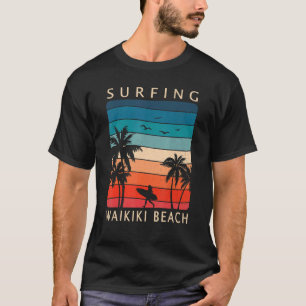 Surfer Girl Surfing Waikiki Beach Hawaiian Sunset T-Shirt