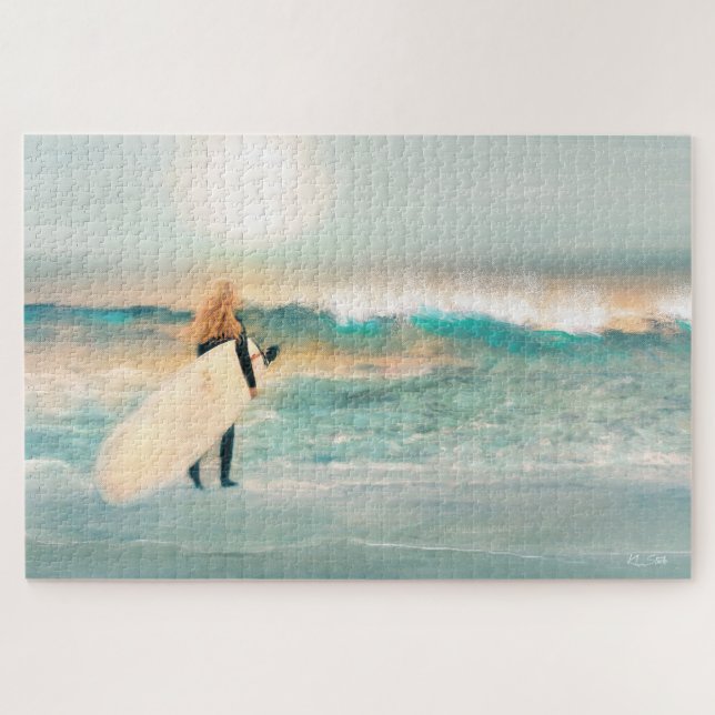 Surfer Girl Tropical Beach Blue Waves Jigsaw Puzzle (Horizontal)