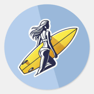Surfer girl with Yellow Surfboard Classic Round Sticker