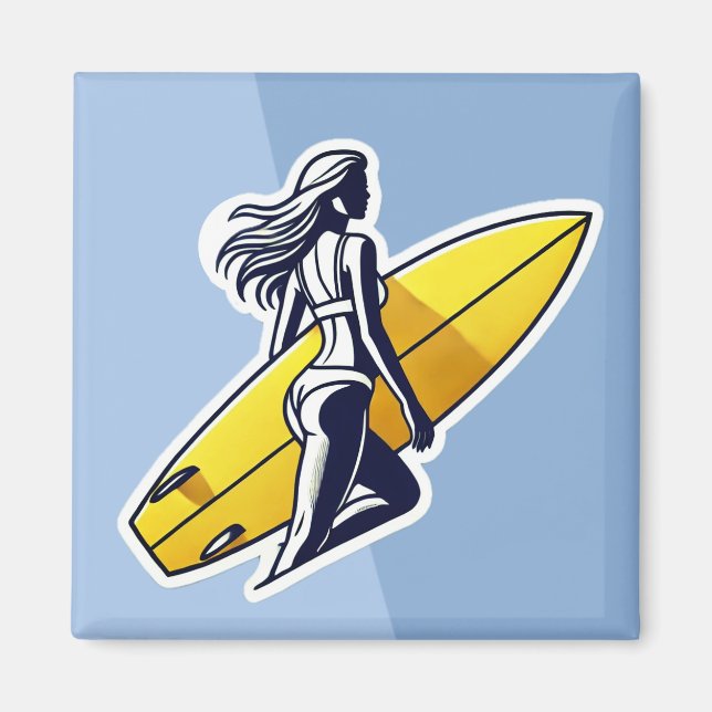 Surfer girl with Yellow Surfboard Magnet (Front)