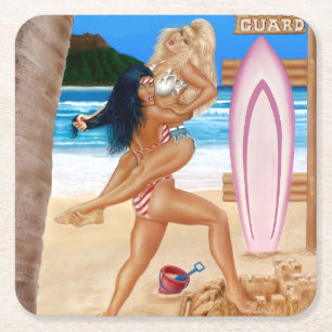 SURFER GIRLS CATFIGHT SQUARE PAPER COASTER