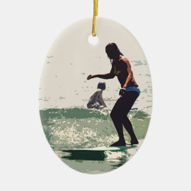 Surfer girls rock ceramic tree decoration (Front)