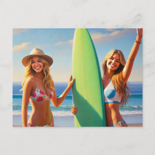 Surfer Girls with a Surfboard Postcard