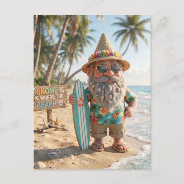 Surfer Gnome on Tropical Beach with Surfboard Postcard (Front)