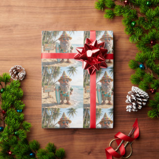 Surfer Gnome on Tropical Beach with Surfboard Wrapping Paper