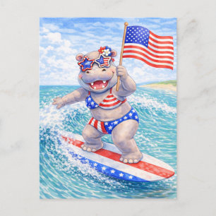 Surfer Hippo Surfing 4th July Independence Day Postcard