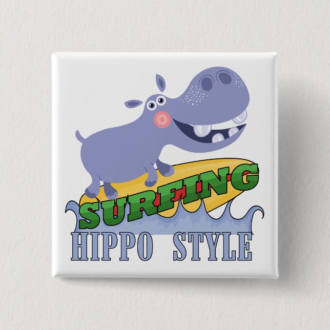 Surfer Hippopotamus 15 Cm Square Badge (Front)
