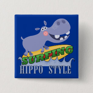 Surfer Hippopotamus 15 Cm Square Badge
