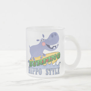 Surfer Hippopotamus Frosted Glass Coffee Mug