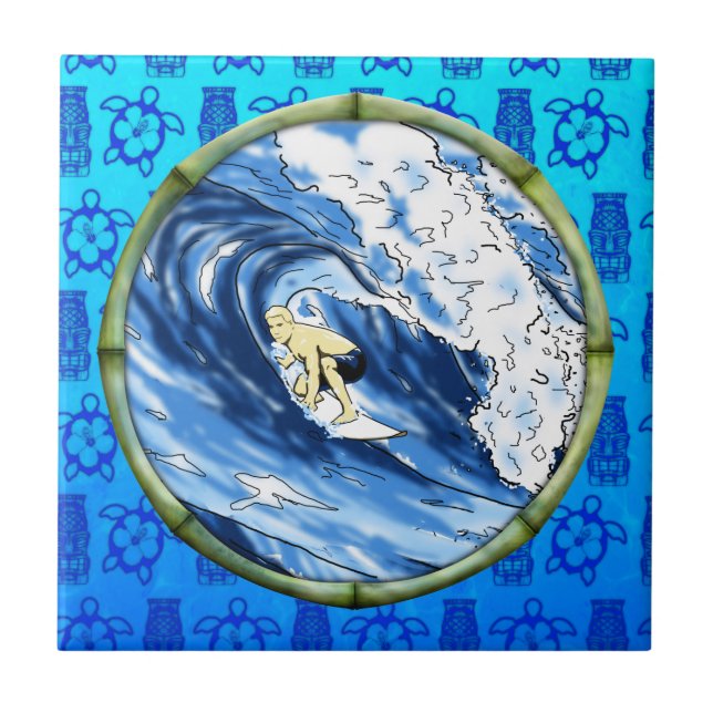 Surfer In Bamboo Circle Tile (Front)