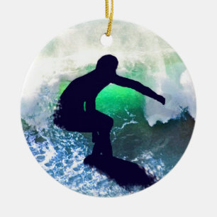 Surfer in Big Wave Ceramic Tree Decoration