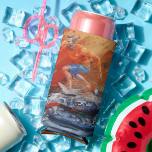 Surfer in Orange and Blue Abstract Seltzer Can Cooler