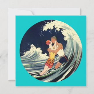 Surfer Lovers Kissing Vintage Illustration