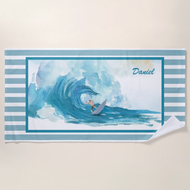 Surfer on a Big Wave | Personalised Beach Towel (Front)