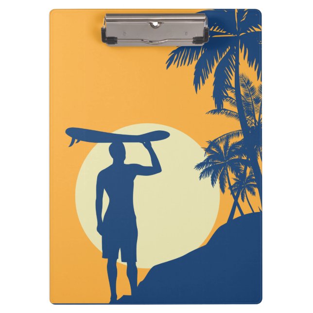 Surfer, palm tree, cliff, sun, surfer, moon clipboard (Front)