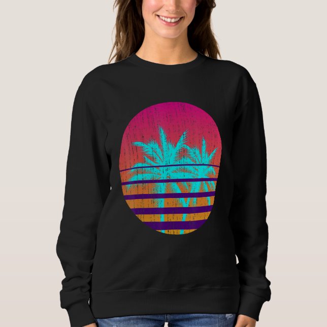 Surfer Palm Trees Summer Surfboarding Vaporwave Su Sweatshirt (Front)