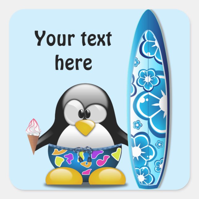 Surfer Penguin with Ice Cream Square Sticker (Front)