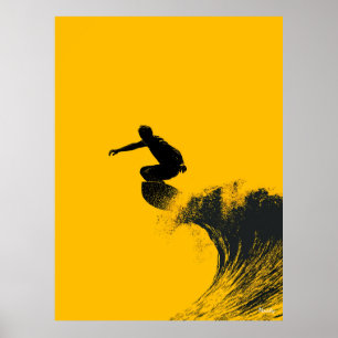 Surfer Poster – Black Silhouette on Yellow Wave