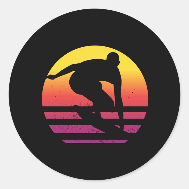 Surfer Retro Surfing Sunset Classic Round Sticker (Front)