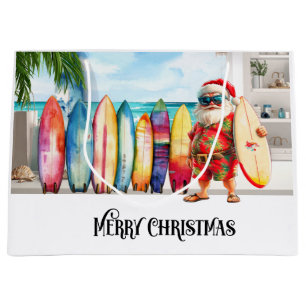 Surfer Santa Claus Christmas i at the beach Large Gift Bag