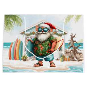 Surfer Santa Claus Surfing Christmas at the Beach  Large Gift Bag