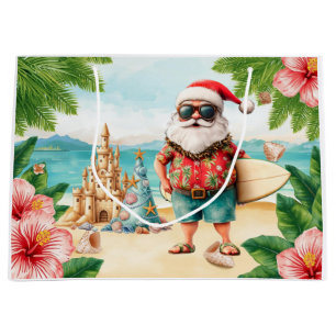Surfer Santa Claus Surfing Christmas at the Beach  Large Gift Bag