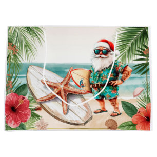 Surfer Santa Claus Surfing Christmas at the Beach  Large Gift Bag