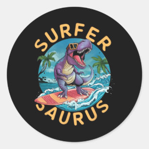 Surfer Saurus T-rex Dinosaurs Surfing Dino Rider  Classic Round Sticker