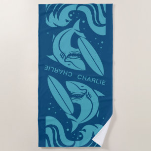 Surfer Shark custom name beach towel