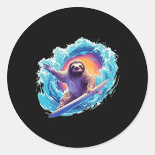 Surfer Sloth Riding Wave With Surfboard Classic Round Sticker