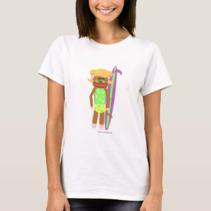 Surfer Sock Monkey Girl Cute Cartoon Illustration T-Shirt