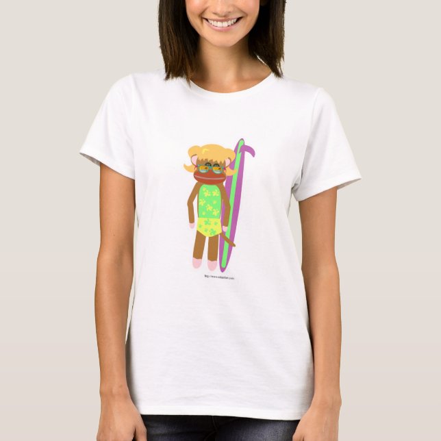 Surfer Sock Monkey Girl Cute Cartoon Illustration T-Shirt (Front)