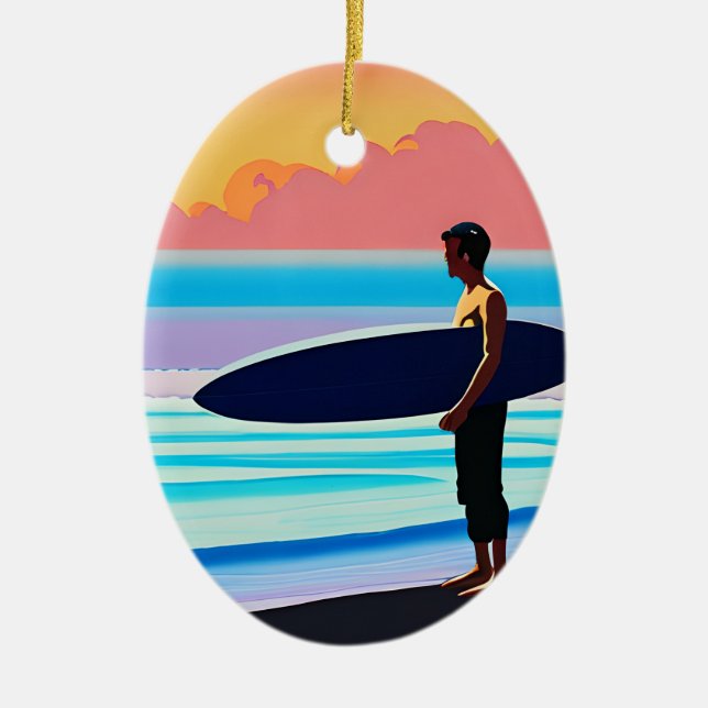 Surfer Standing on a Beach At Sunset Ceramic Tree Decoration (Front)