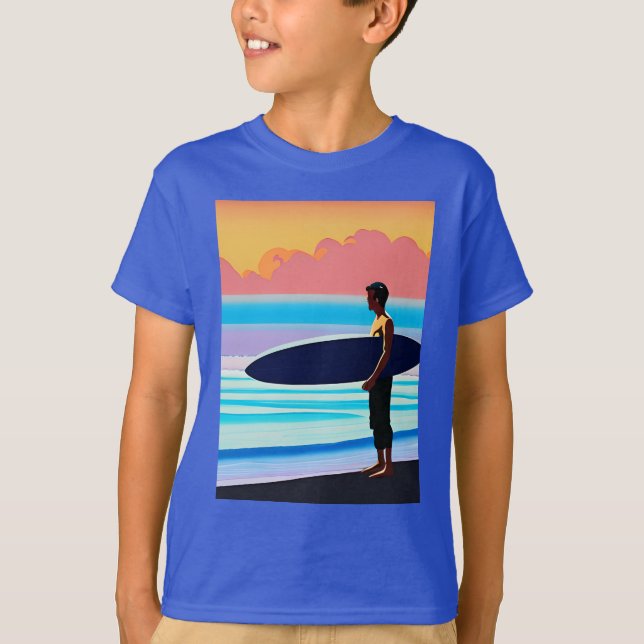 Surfer Standing on a Beach At Sunset Kid's Tee (Front)