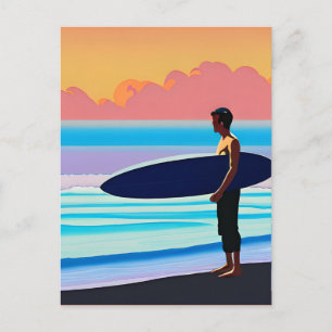 Surfer Standing on a Beach At Sunset Postcard