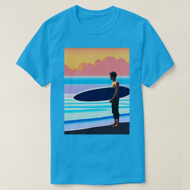 Surfer Standing on a Beach At Sunset T-Shirt (Design Front)