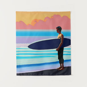 Surfer Standing on a Beach At Sunset Tapestry