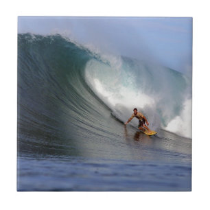 Surfer surfing huge tropical island surfing wave tile