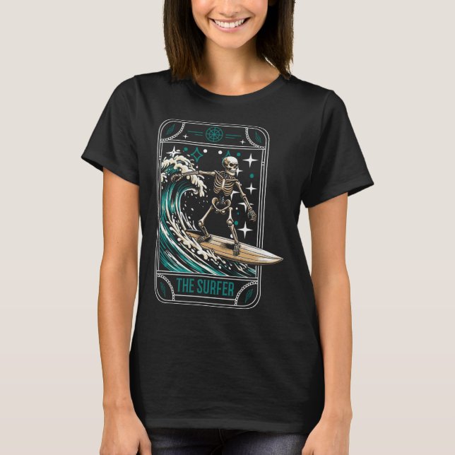 Surfer Surfing Surfboard - Waves Skeleton Tarot Ca T-Shirt (Front)