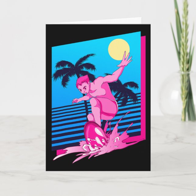 Surfer Synthwave Sunset Palm Trees Surfing 80s Art Card (Front)