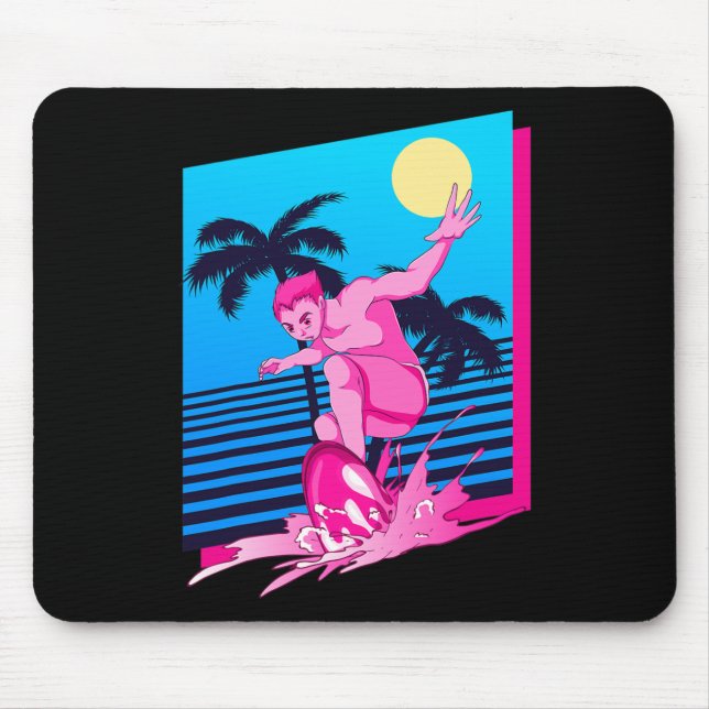 Surfer Synthwave Sunset Palm Trees Surfing 80s Art Mouse Pad (Front)
