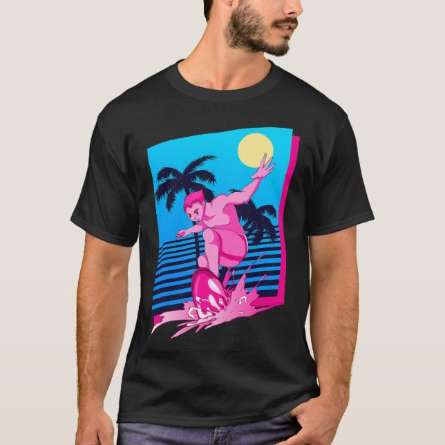 Surfer Synthwave Sunset Palm Trees Surfing 80s Art T-Shirt (Front)