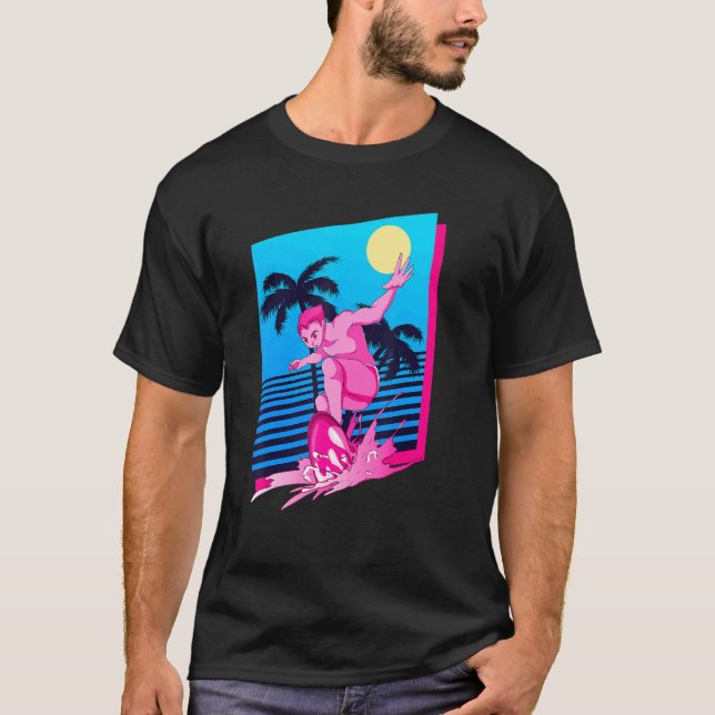 Surfer Synthwave Sunset Palm Trees Surfing 80s Vap T-Shirt (Front)