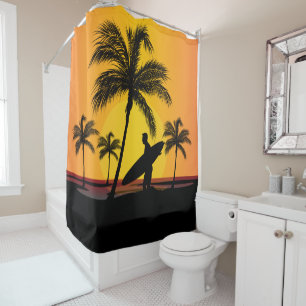 Surfer  walking on beach with surfboard at sunset shower curtain