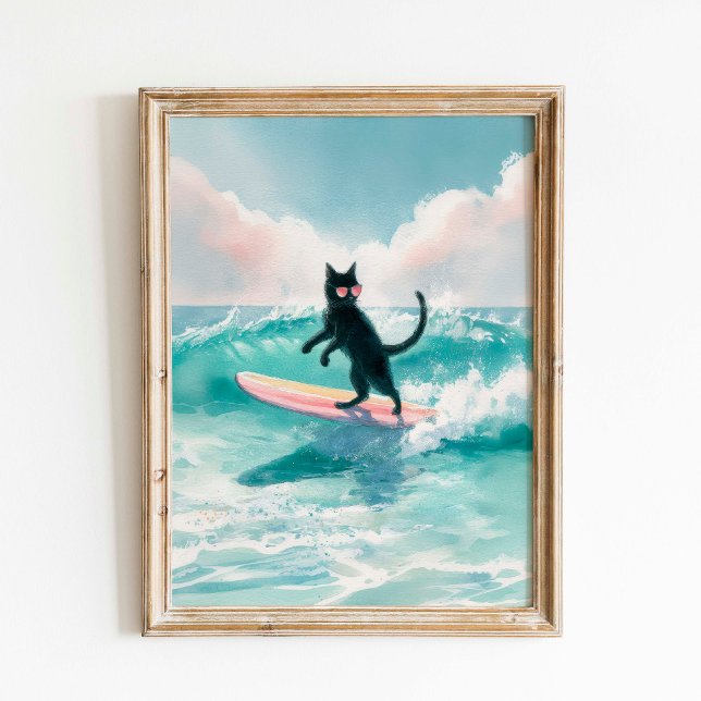 Surfer Whimsical Black Cat Watercolor Art Poster (Creator Uploaded)