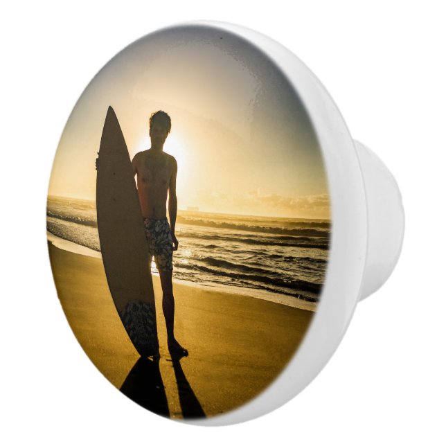 Surfer with board on Beach Ceramic Knob (Right)