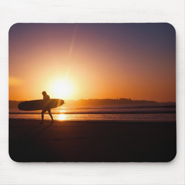 Surfer with Surfboard on Beach at Sunset Mouse Pad (Front)